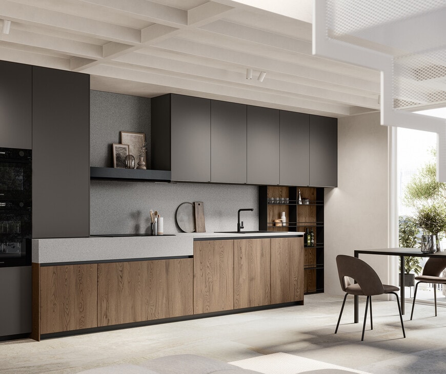 Industrial-style Cucina kitchen with wood and dark cabinetry