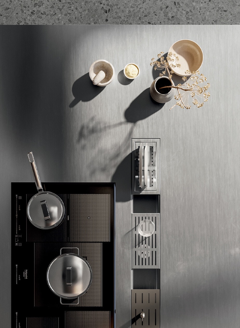 Kitchen with stainless steel countertop