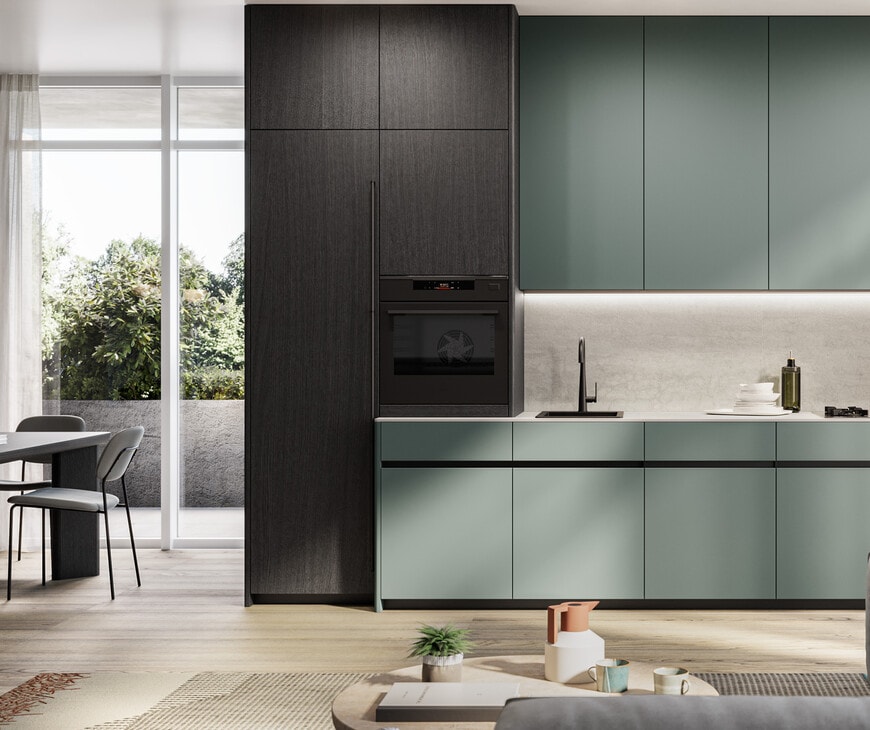 Modern lacquered Cucina kitchen with wood and sage green cabinetry