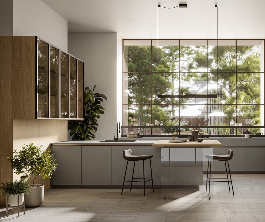 Modern Cucina kitchen with laminate cabinetry and glass island