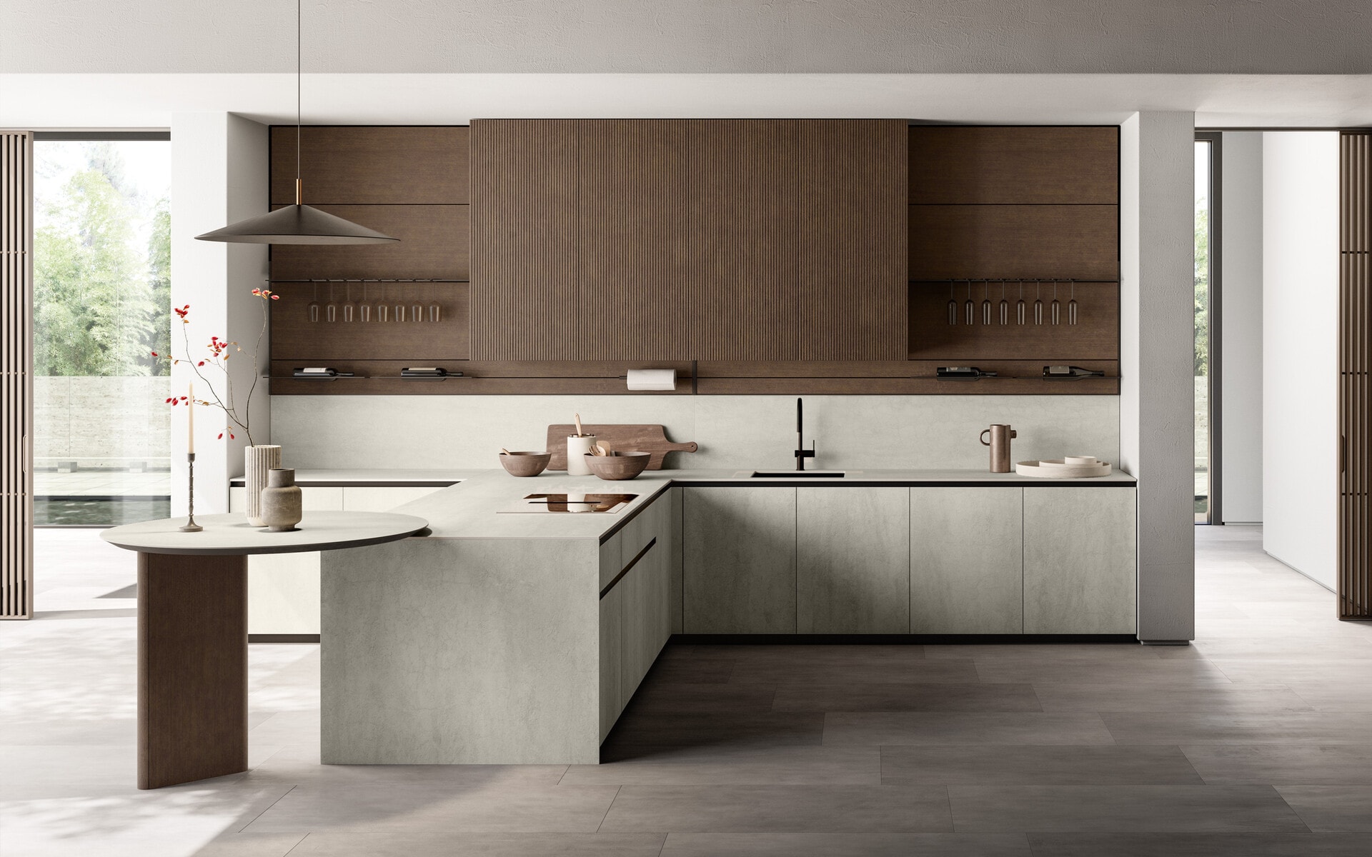 Modern kitchen composition with Glass 2.0 base units and Asia wall units